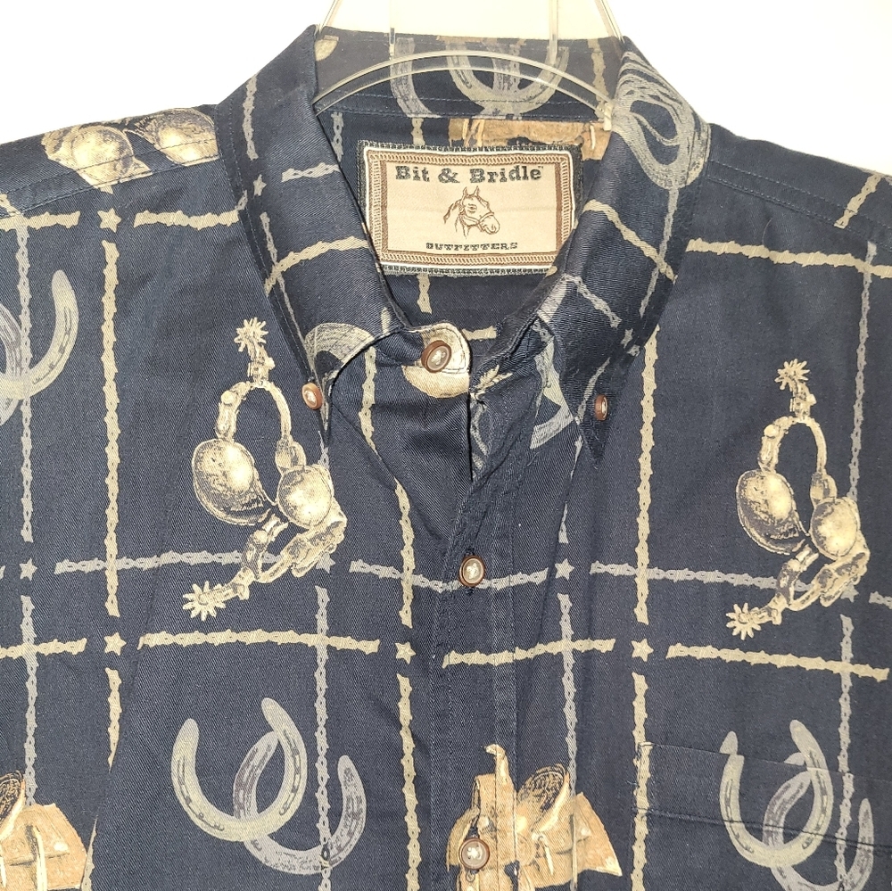 Bit & Bridle Men's Short Sleeve Button Down Shirt Size Large Black Tan Horseshoe - Picture 3 of 7
